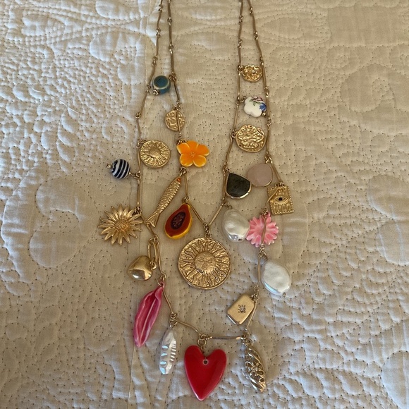 NWT Gold Tone Metal Colorful Charms Double Strand Beautiful Necklace - Picture 2 of 11